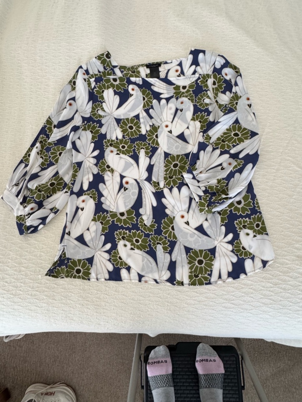 Ann Taylor Navy Blouse with White Bird & Olive Floral Print